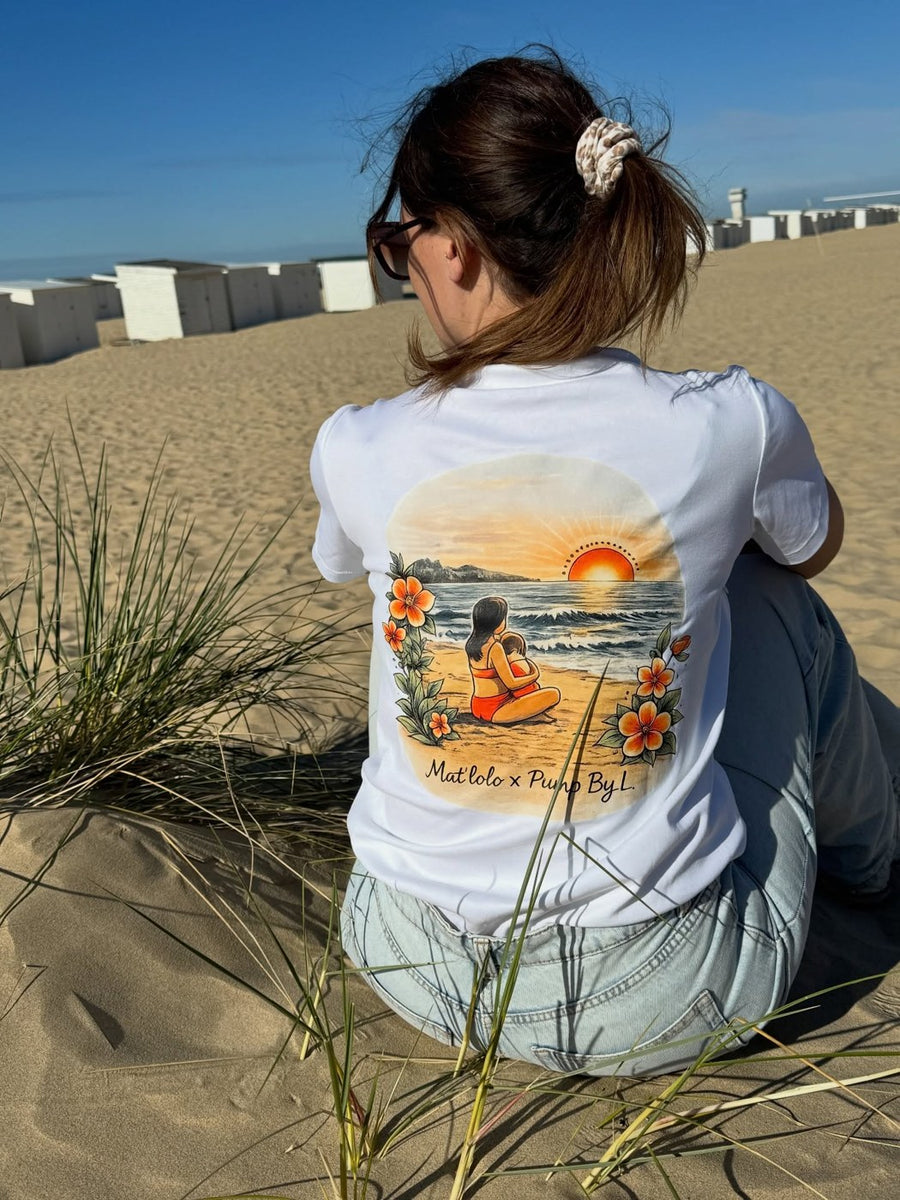 Léa de dos sur la plage de Calais, tee-shirt blanc de la collab Mat'lolo x Pump By L, avril 2026